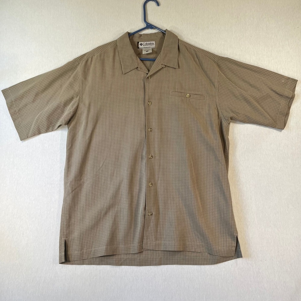 Columbia GRT Camp Shirt Mens Large Tan Grid Short Sleeve Button Down Modal